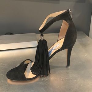 Jimmy Choo size 41 black suede 4in heel with crystal detail and fringe tassel.